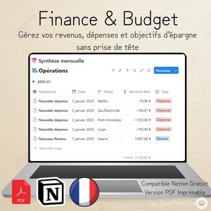 Peut inclure: Un écran d'ordinateur portable affiche un modèle de budget financier intitulé "Finance & Budget". Le modèle présente les revenus, les dépenses et les objectifs d'épargne. L'écran comprend un résumé mensuel avec les détails des dépenses et un total.