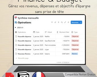 May include: A laptop screen displays a financial budget template with the title "Finance & Budget." The template shows income, expenses, and savings goals. The screen includes a monthly summary with expense details and a total sum.