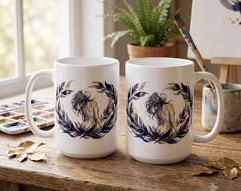 Caneca Celestial da Deusa, Xícara de Chá com Arte em Aquarela Botânica Escura, Decoração Mitologia Fantástica em Cerâmica