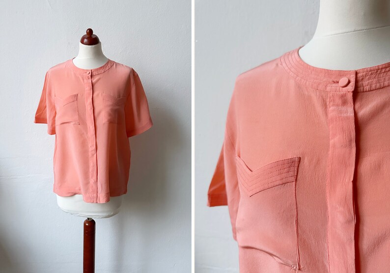 Vintage 80s Pink Orange Short Sleeve Blouse / Size S-M image 1