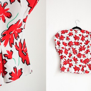 Vintage Petite 50s Red and White Floral Top UK8 Size XS-S image 3