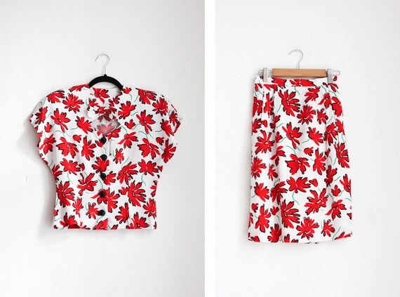 Vintage 50s Red & White Floral Print Skirt Suit