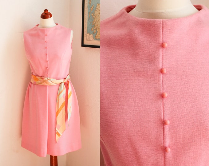Vintage 60s Pink Fit n Flare Dress with Pastel Print Belt / Jersey Midi Dress / UK10