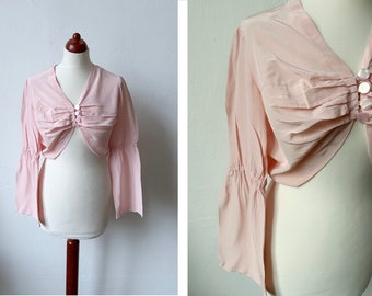 Vintage 70s Baby Pink Silk Bolero with Bell Sleeves / Size S-M