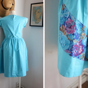 Vintage C&A 80s Blue Lace Insert Dress with Pockets / Pink Floral Panel / UK12-14 image 3