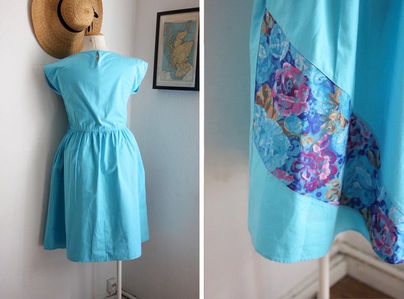 Vintage C&A 80s Blue Lace Insert Dress with Pockets / Pink Floral Panel / UK12-14 image 3