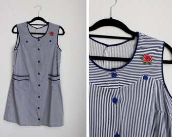 Vintage Blue and White Pinstripe Dress with Rose Patch
