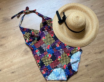 Vintage Patterned Swimsuit / 70s One-Piece Swimwear / Multi Colour Print / UK14