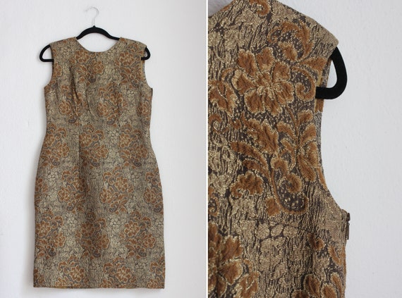 Vintage 60s Floral Bronze Brocade Dress