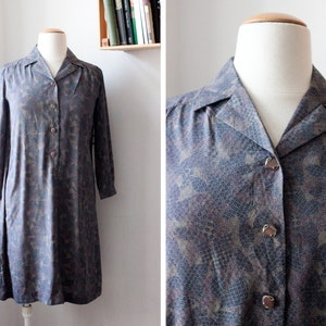 Vintage 70s Japanese Floral Print Purple Shirt Dress / UK14 / Size M 画像 1