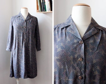 Vintage 70s Japanese Floral Print Purple Shirt Dress / UK14 / Size M