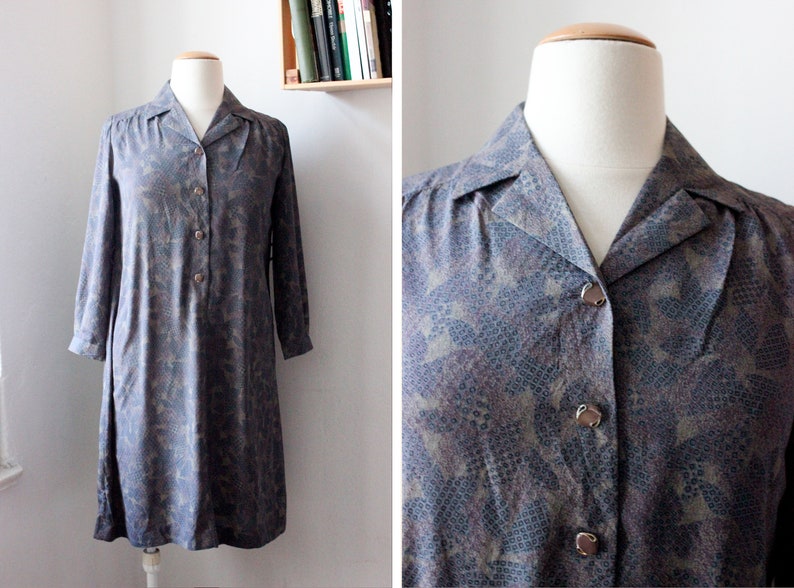 Vintage 70s Japanese Floral Print Purple Shirt Dress / UK14 / Size M 画像 1