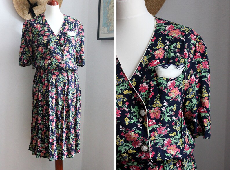 Vintage Royal Garden Party Dress / UK12-14 / Floral Print Dress / 80s French Dress image 1