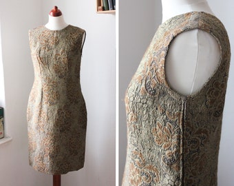 Vintage 60s Floral Bronze Brocade Dress / UK12 / Size S