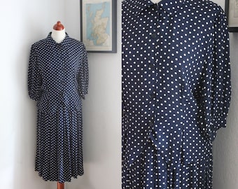 Vintage 80s Navy Polkadot Co-Ord Set / Blouse and Top