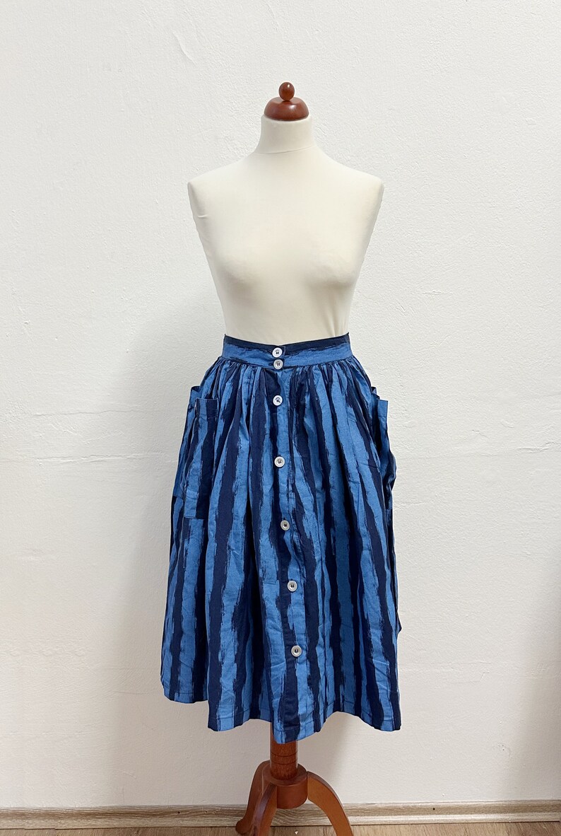 Vintage 80s Blue Stripe Full Skirt / Size S image 2