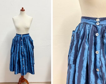 Vintage 80s Blue Stripe Full Skirt / Size S