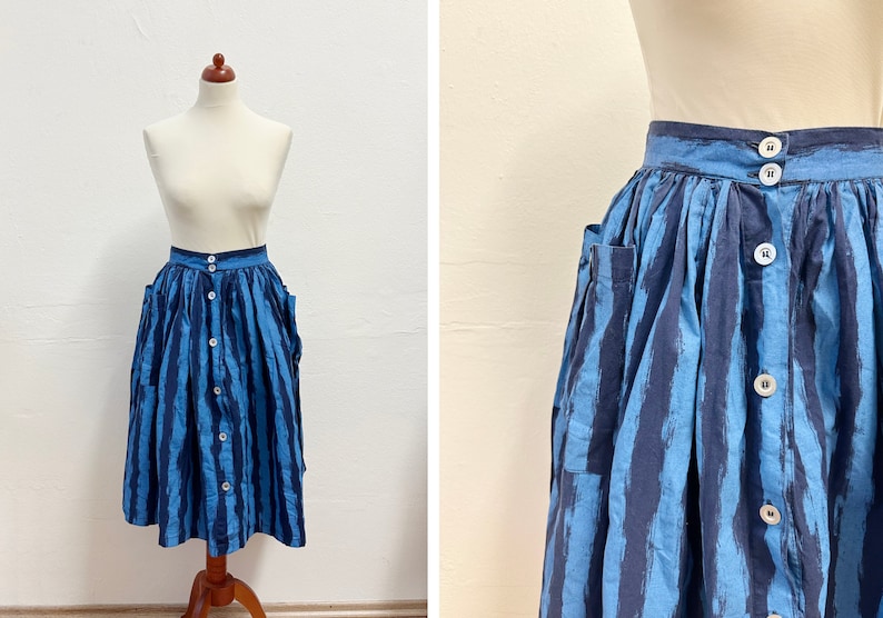 Vintage 80s Blue Stripe Full Skirt / Size S image 1