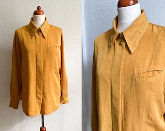 Vintage 80s Betty Barclay Mustard Yellow Blouse Shirt UK12 Size S