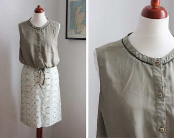 Vintage 50s Olive Green Dot Print Sleeveless Blouse / UK12 / Size Small