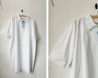 Vintage 60s Italian White Cotton Nightgown Dress with Blue Ribbon Detail