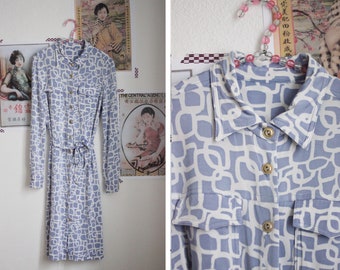 Vintage 70s Jersey Shirt Dress / Lilac Abstract Print Dress / Elegant Long Sleeve / UK10-12