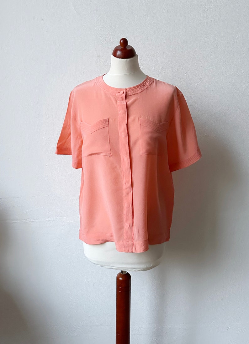 Vintage 80s Pink Orange Short Sleeve Blouse / Size S-M image 2