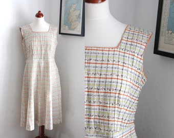 Vintage Ente Print Fit n Flare Plissee Kleid / Rechteckiger Ausschnitt / Midi Länge / UK12