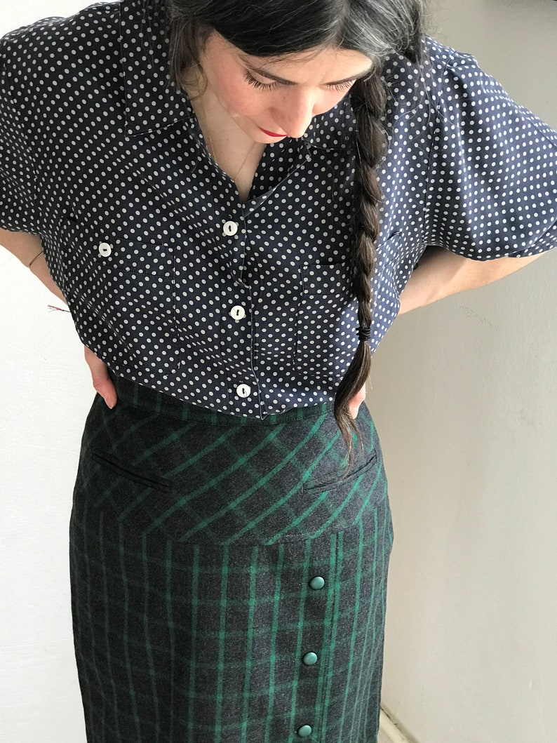 Vintage Check Mate Charcoal Green Pencil Skirt / UK10 / Size S image 3