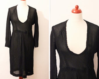 Vintage 80s Black Sheer Stripe Deep V-Neck Dress / UK10 / Size S