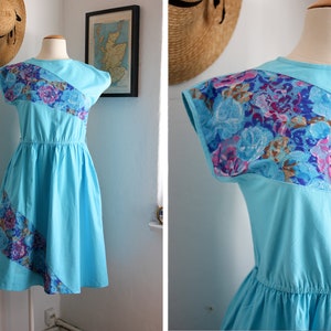 Vintage C&A 80s Blue Lace Insert Dress with Pockets / Pink Floral Panel / UK12-14 image 1