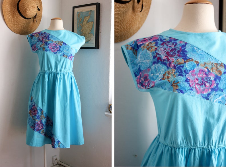 Vintage C&A 80s Blue Lace Insert Dress with Pockets / Pink Floral Panel / UK12-14 image 1