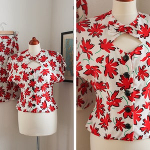 Vintage Petite 50s Red and White Floral Top UK8 Size XS-S image 1