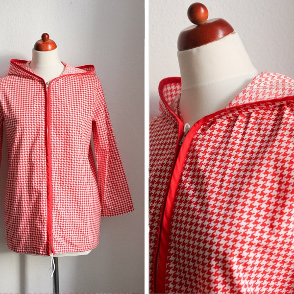 veste vintage rouge et blanche en pied-de-poule / UK 10 / veste à capuche / veste des années 80