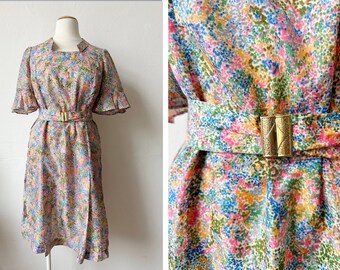 Vintage Multicolour Dot Print Dress with Frill Trim and Belt / UK14