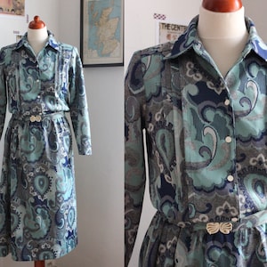 Vintage 70s Turquoise Paisley Shirt Dress / UK12 Size S-M / Jersey Dress with Belt image 1