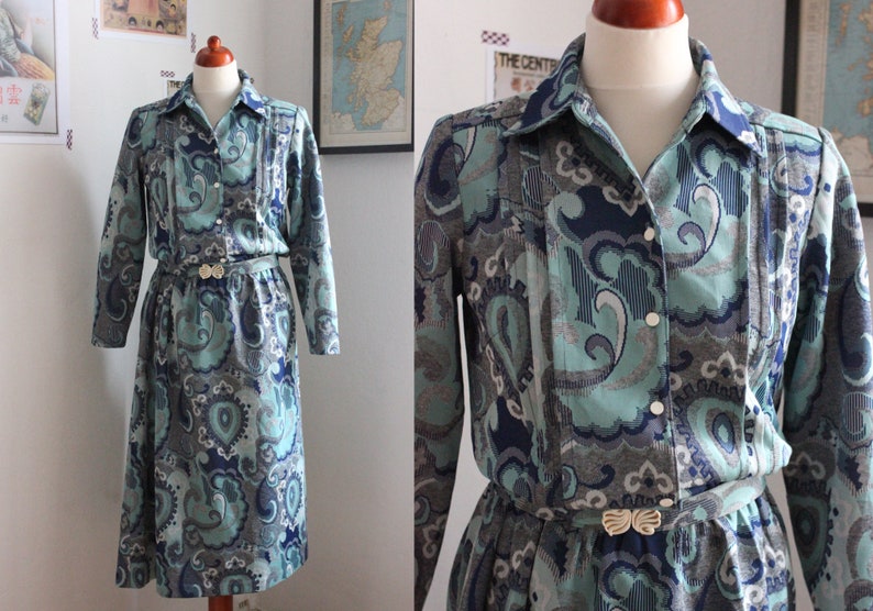 Vintage 70s Turquoise Paisley Shirt Dress / UK12 Size S-M / Jersey Dress with Belt image 1