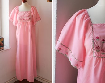 Vintage 70s Pink Poesies Maxi Dress UK8-10 Size S