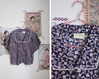 Vintage Navy Floral Print Blouse