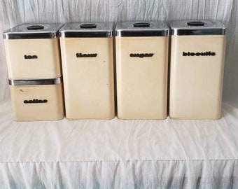 Vintage Metal Canister Set 1970s Japan White Black Etsy