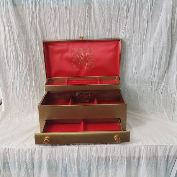 Jahrgang Buxton große musikalische Schmuck-Box Gold 3 gestufte Schmuck-Box mit Schublade mit roten Velveteen