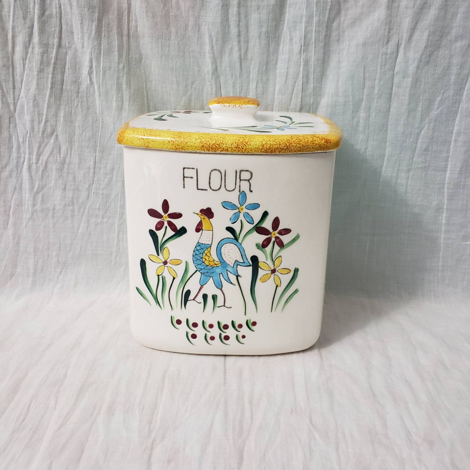 Vintage Ceramic Flour Canister Blue Rooster Floral Design Made in Japan