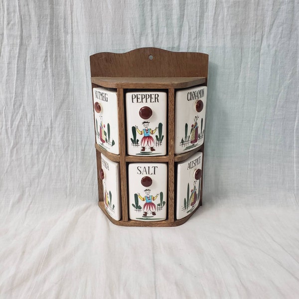 Vintage Wooden Spice Rack with 6 Handpainted Ceramic Spice Jars Wall Mount Spice Rack