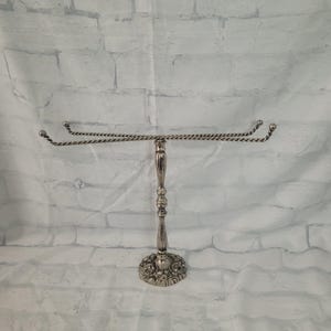 Vintage Towel Cloth Rack Holder Jewellery Stand Metal Silver Toned Ornate Flowered Base 4 Arms