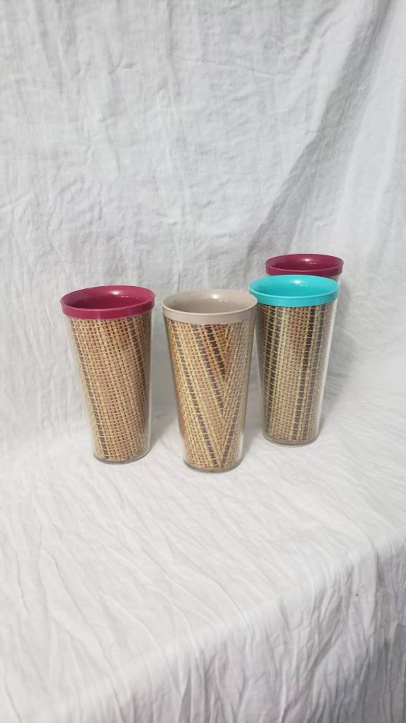 Vintage Raffia Ware Tumblers Set of 4 Straw Weave Plastic Cups Retro