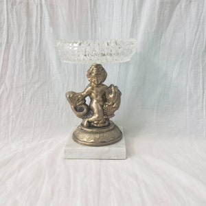 Vintage Crystal Pedestal Trinket Candy Soap Dish Bronze Cherub Fish with Marble Base