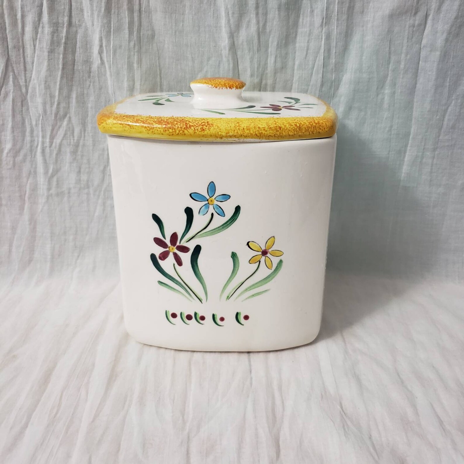 Vintage Ceramic Flour Canister Blue Rooster Floral Design Made in Japan