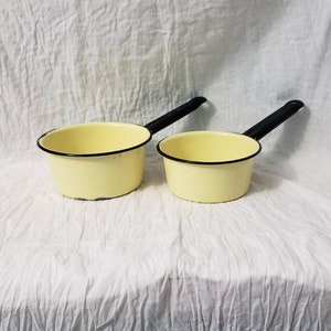 Vintage Enamelware Pots Black and Pastel Pale Yellow Enamel Pots Rustic Farmhouse Kitchen Set of 2