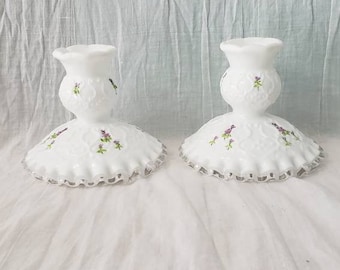 Vintage Fenton MIlk Glass Ornate Candle Holders Fenton Milk Glass Candlestick Holders