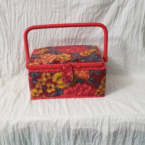 Vintage Sewing Basket Red Rectangular Wicker and Flowers Sewing Organizer with Tray